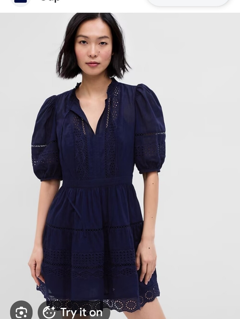 Gap Women's Navy Blue Puff Sleeve Lace Cotton Mini Dress Size M
